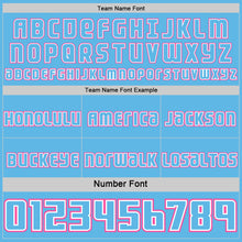 Load image into Gallery viewer, Custom Sky Blue Pink-White Side Panel Stripe Geometric V-Cut Color Block Reversible Double Side Sublimation Basketball Set Jersey