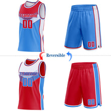 Charger l'image dans la galerie, Custom Red Powder Blue-White Side Panel Stripe Geometric V-Cut Color Block Reversible Double Side Sublimation Basketball Set Jersey