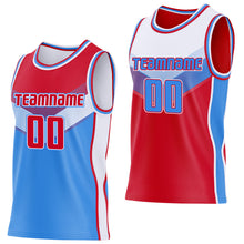 Charger l'image dans la galerie, Custom Red Powder Blue-White Side Panel Stripe Geometric V-Cut Color Block Reversible Double Side Sublimation Basketball Set Jersey