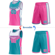 Charger l'image dans la galerie, Custom Teal Pink-White Side Panel Stripe Geometric V-Cut Color Block Reversible Double Side Sublimation Basketball Set Jersey