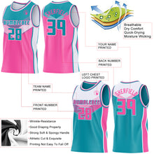 Charger l'image dans la galerie, Custom Teal Pink-White Side Panel Stripe Geometric V-Cut Color Block Reversible Double Side Sublimation Basketball Set Jersey