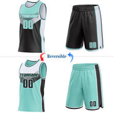 Laden Sie das Bild in den Galerie-Viewer, Custom Ice Blue Black-White Side Panel Stripe Geometric V-Cut Color Block Reversible Double Side Sublimation Basketball Set Jersey