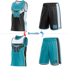 Laden Sie das Bild in den Galerie-Viewer, Custom Teal Black-White Side Panel Stripe Geometric V-Cut Color Block Reversible Double Side Sublimation Basketball Set Jersey