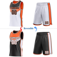 Загрузить изображение в средство просмотра галереи, Custom Black White-Orange Side Panel Stripe Geometric V-Cut Color Block Reversible Double Side Sublimation Basketball Set Jersey