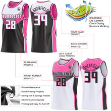 Laden Sie das Bild in den Galerie-Viewer, Custom White Black-Pink Side Panel Stripe Geometric V-Cut Color Block Reversible Double Side Sublimation Basketball Set Jersey