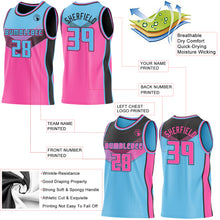 Laden Sie das Bild in den Galerie-Viewer, Custom Sky Blue Pink-Black Side Panel Stripe Geometric V-Cut Color Block Reversible Double Side Sublimation Basketball Set Jersey