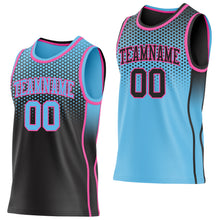 Laden Sie das Bild in den Galerie-Viewer, Custom Black Sky Blue-Pink Side Panel Stripe Gradient Geometric Honeycomb Reversible Double Side Sublimation Basketball Set Jersey