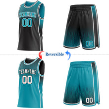 Загрузить изображение в средство просмотра галереи, Custom Black Teal White Side Panel Stripe Gradient Geometric Honeycomb Reversible Double Side Sublimation Basketball Set Jersey