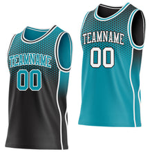 Загрузить изображение в средство просмотра галереи, Custom Black Teal White Side Panel Stripe Gradient Geometric Honeycomb Reversible Double Side Sublimation Basketball Set Jersey
