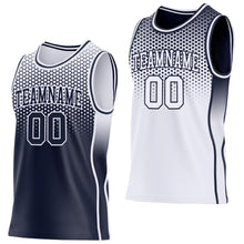 Charger l'image dans la galerie, Custom Navy-White Side Panel Stripe Gradient Geometric Honeycomb Reversible Double Side Sublimation Basketball Set Jersey