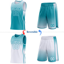 Загрузить изображение в средство просмотра галереи, Custom Teal-White Side Panel Stripe Gradient Geometric Honeycomb Reversible Double Side Sublimation Basketball Set Jersey