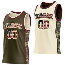 Charger l'image dans la galerie, Custom Olive Vintage USA Flag Cream-Maroon Camo Side Panel Stripe Reversible Double Side Sublimation Basketball Set Jersey
