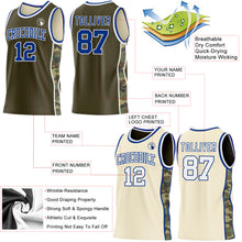 Charger l'image dans la galerie, Custom Olive(Cream) Royal-White Camo Side Panel Stripe Reversible Double Side Sublimation Basketball Set Jersey