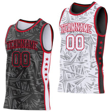 Charger l'image dans la galerie, Custom Black Red-White Side Panel Stripe Stars Geometric Shatter Starburst Reversible Double Side Sublimation Basketball Set Jersey