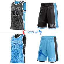 Charger l'image dans la galerie, Custom Black White-Sky Blue Side Panel Stripe Stars Geometric Shatter Starburst Reversible Double Side Sublimation Basketball Set Jersey