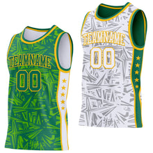 Laden Sie das Bild in den Galerie-Viewer, Custom Kelly Green Gold-White Side Panel Stripe Stars Geometric Shatter Starburst Reversible Double Side Sublimation Basketball Set Jersey