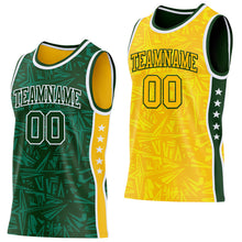 Charger l'image dans la galerie, Custom Green White-Gold Side Panel Stripe Stars Geometric Shatter Starburst Reversible Double Side Sublimation Basketball Set Jersey