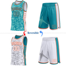 Charger l'image dans la galerie, Custom Teal Orange-White Side Panel Stripe Stars Geometric Shatter Starburst Reversible Double Side Sublimation Basketball Set Jersey