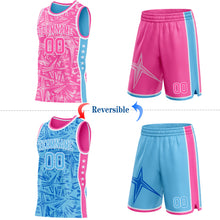Laden Sie das Bild in den Galerie-Viewer, Custom Pink White-Sky Blue Side Panel Stripe Stars Geometric Shatter Starburst Reversible Double Side Sublimation Basketball Set Jersey
