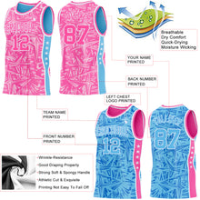 Laden Sie das Bild in den Galerie-Viewer, Custom Pink White-Sky Blue Side Panel Stripe Stars Geometric Shatter Starburst Reversible Double Side Sublimation Basketball Set Jersey