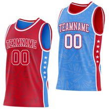 Charger l'image dans la galerie, Custom Red White-Powder Blue Side Panel Stripe Stars Geometric Shatter Starburst Reversible Double Side Sublimation Basketball Set Jersey