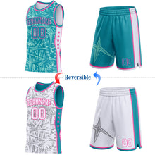 Charger l'image dans la galerie, Custom Teal Pink-White Side Panel Stripe Stars Geometric Shatter Starburst Reversible Double Side Sublimation Basketball Set Jersey