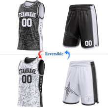 Charger l'image dans la galerie, Custom Black White-Gray Side Panel Stripe Stars Geometric Shatter Starburst Reversible Double Side Sublimation Basketball Set Jersey