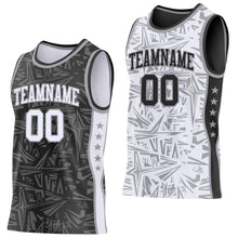 Charger l'image dans la galerie, Custom Black White-Gray Side Panel Stripe Stars Geometric Shatter Starburst Reversible Double Side Sublimation Basketball Set Jersey