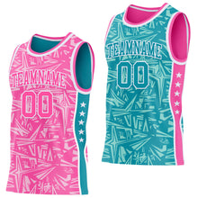 Laden Sie das Bild in den Galerie-Viewer, Custom Pink White-Teal Side Panel Stripe Stars Geometric Shatter Starburst Reversible Double Side Sublimation Basketball Set Jersey
