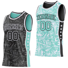 Charger l'image dans la galerie, Custom Black White-Ice Blue Side Panel Stripe Stars Geometric Shatter Starburst Reversible Double Side Sublimation Basketball Set Jersey