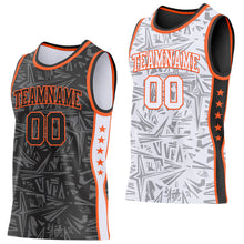 Charger l'image dans la galerie, Custom Black Orange-White Side Panel Stripe Stars Geometric Shatter Starburst Reversible Double Side Sublimation Basketball Set Jersey