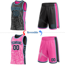 Charger l'image dans la galerie, Custom Black Sky Blue-Pink Side Panel Stripe Stars Geometric Shatter Starburst Reversible Double Side Sublimation Basketball Set Jersey