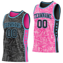 Charger l'image dans la galerie, Custom Black Sky Blue-Pink Side Panel Stripe Stars Geometric Shatter Starburst Reversible Double Side Sublimation Basketball Set Jersey