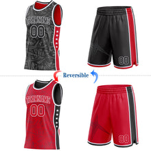 Charger l'image dans la galerie, Custom Black White-Red Side Panel Stripe Stars Geometric Shatter Starburst Reversible Double Side Sublimation Basketball Set Jersey