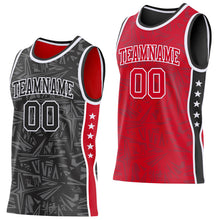 Charger l'image dans la galerie, Custom Black White-Red Side Panel Stripe Stars Geometric Shatter Starburst Reversible Double Side Sublimation Basketball Set Jersey