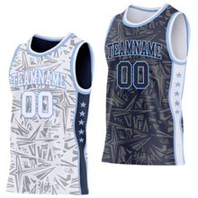Charger l'image dans la galerie, Custom White Light Blue-Navy Side Panel Stripe Stars Geometric Shatter Starburst Reversible Double Side Sublimation Basketball Set Jersey