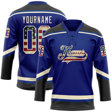 Load image into Gallery viewer, Custom Royal Vintage USA Flag Black-Cream Hockey Lace Neck Jersey
