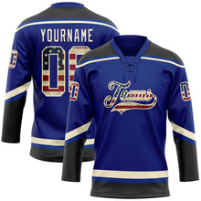 Загрузить изображение в средство просмотра галереи, Custom Royal Vintage USA Flag Black-Cream Hockey Lace Neck Jersey