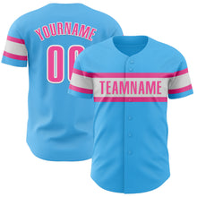 Laden Sie das Bild in den Galerie-Viewer, Custom Sky Blue Pink-White Authentic Baseball Jersey
