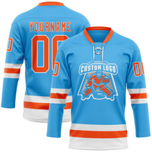Load image into Gallery viewer, Custom Sky Blue Orange-White Hockey Lace Neck Jersey