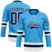 Load image into Gallery viewer, Custom Sky Blue Navy-White Hockey Lace Neck Jersey