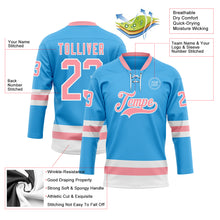 Load image into Gallery viewer, Custom Sky Blue Medium Pink-White Hockey Lace Neck Jersey