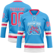 Charger l'image dans la galerie, Custom Sky Blue Neon Pink-White Hockey Lace Neck Jersey