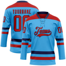 Load image into Gallery viewer, Custom Sky Blue Red-Navy Hockey Lace Neck Jersey