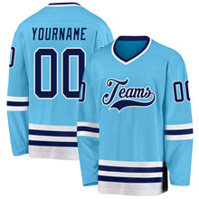 Load image into Gallery viewer, Custom Sky Blue Navy-White Hockey Jersey