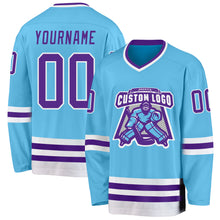 Load image into Gallery viewer, Custom Sky Blue Purple-White Hockey Jersey