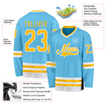 Load image into Gallery viewer, Custom Sky Blue Gold-White Hockey Jersey