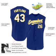 Laden Sie das Bild in den Galerie-Viewer, Custom Royal White-Yellow Authentic Sleeveless Baseball Jersey