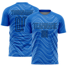 Загрузить изображение в средство просмотра галереи, Custom Sky Blue Black Wavy Lines Sublimation Soccer Uniform Jersey