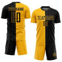 Load image into Gallery viewer, Custom Gold Black Pinstripe Split Fashion Sublimation Soccer Uniform Jersey